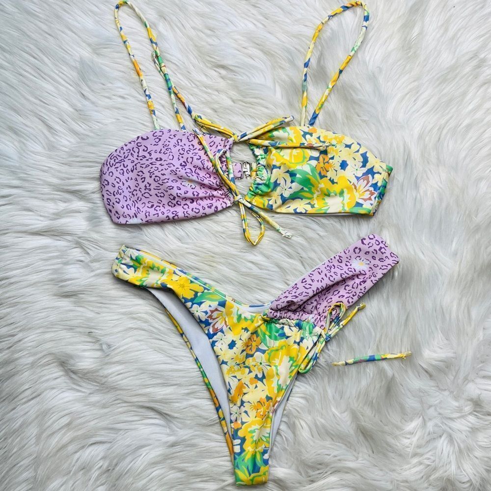 SHEIN Leopardd & Floral Thong Bikini Set Yellow & Purple Small